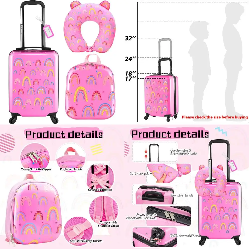 

Children's Luggage Set with Backpack, Rolling Suitcase, and U-shape Pillow - Perfect Travel Gift for Boys and Girls