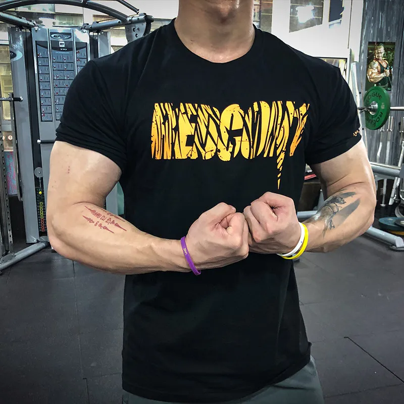 2026 GYM Sport Short Sleeve T-shirt Men Slim Sweat Absorbent Muscle Fitness Trainer Cotton Sweat Absorbent Fitness Clothes