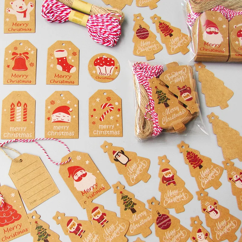 50Pcs Christmas Hanging Tag Kraft Paper DIY Xmas Tree Gifts Tags Labels Packaging Ornament Christmas Decorations 2024 New Year