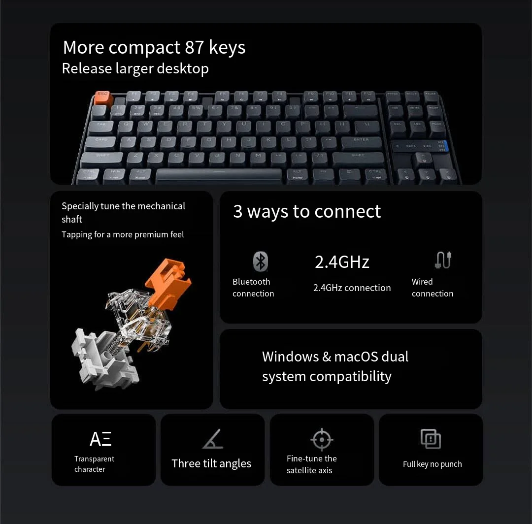 Xiaomi Mijia Mechanical Keyboard TKL 87 Key illuminated Bluetooth Wireless Wired 2.4GHZ 3-mode For Gaming Office,Windows&macOS