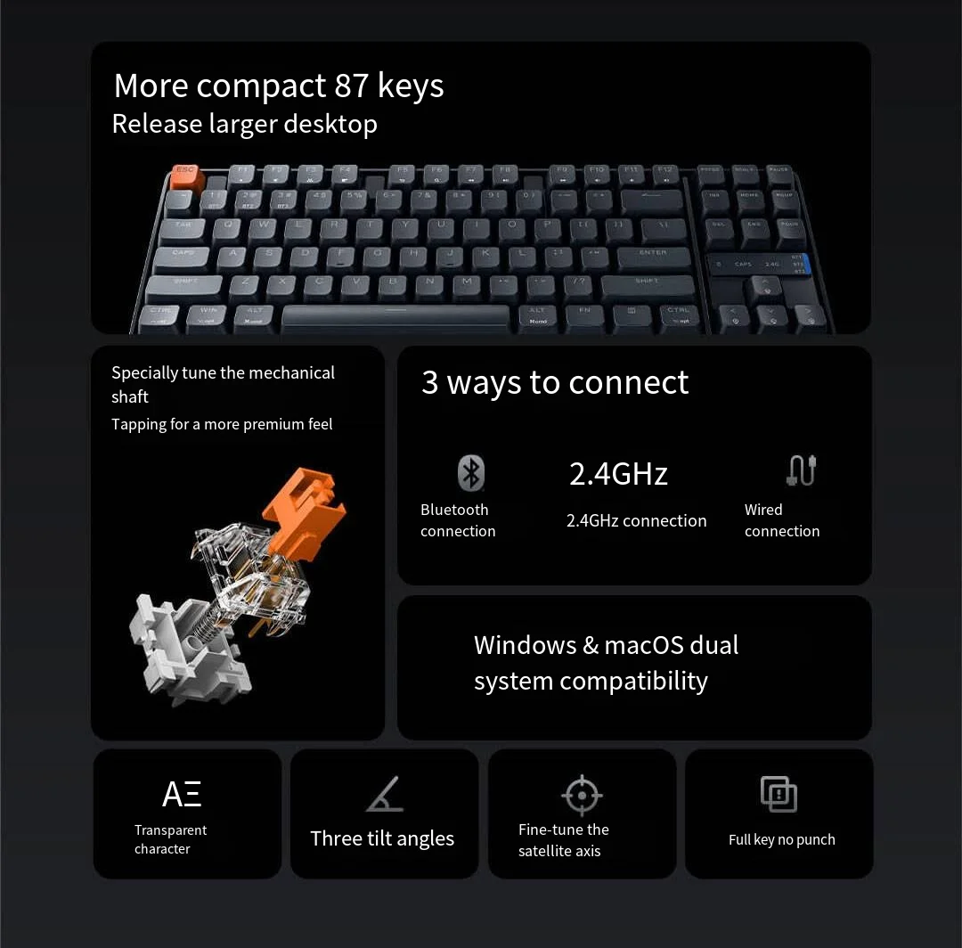 Imagem -03 - Xiaomi Mijia-teclado Mecânico para Jogos Tkl Bluetooth Iluminado sem Fio com Fio 2.4ghz 3-mode Ajuste para Windows e Mac os