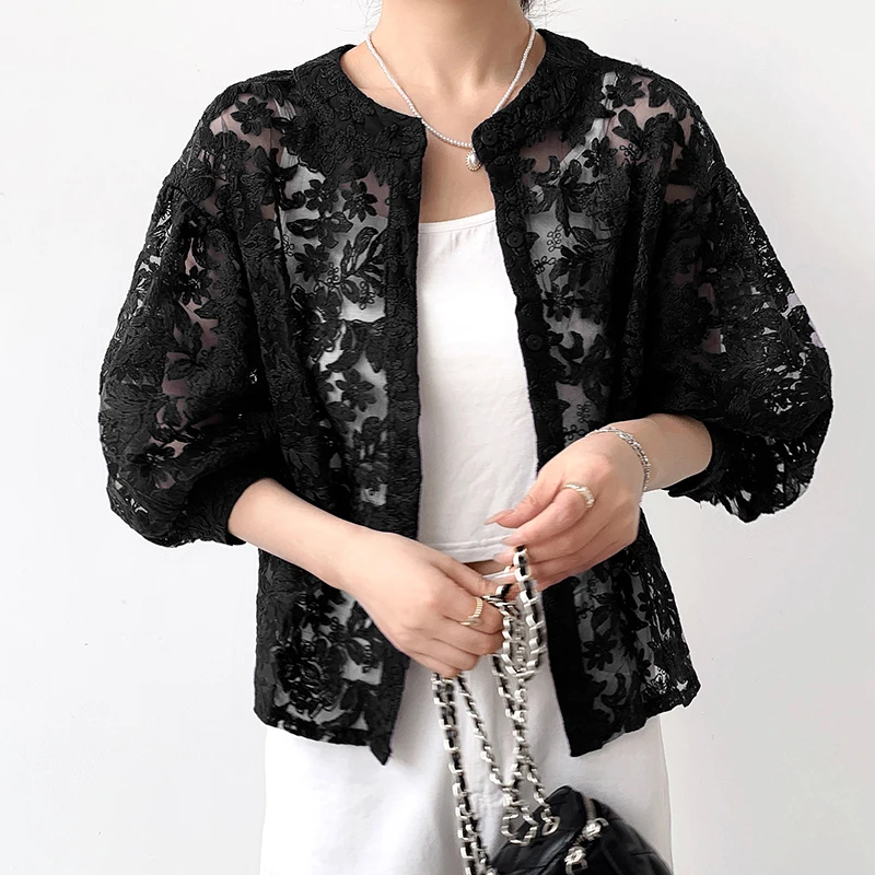 

Spring Autumn Open Cardigan Sweet Style Lantern Sleeve Embroidered Lace Versatile Short Length Women's Fashion Top