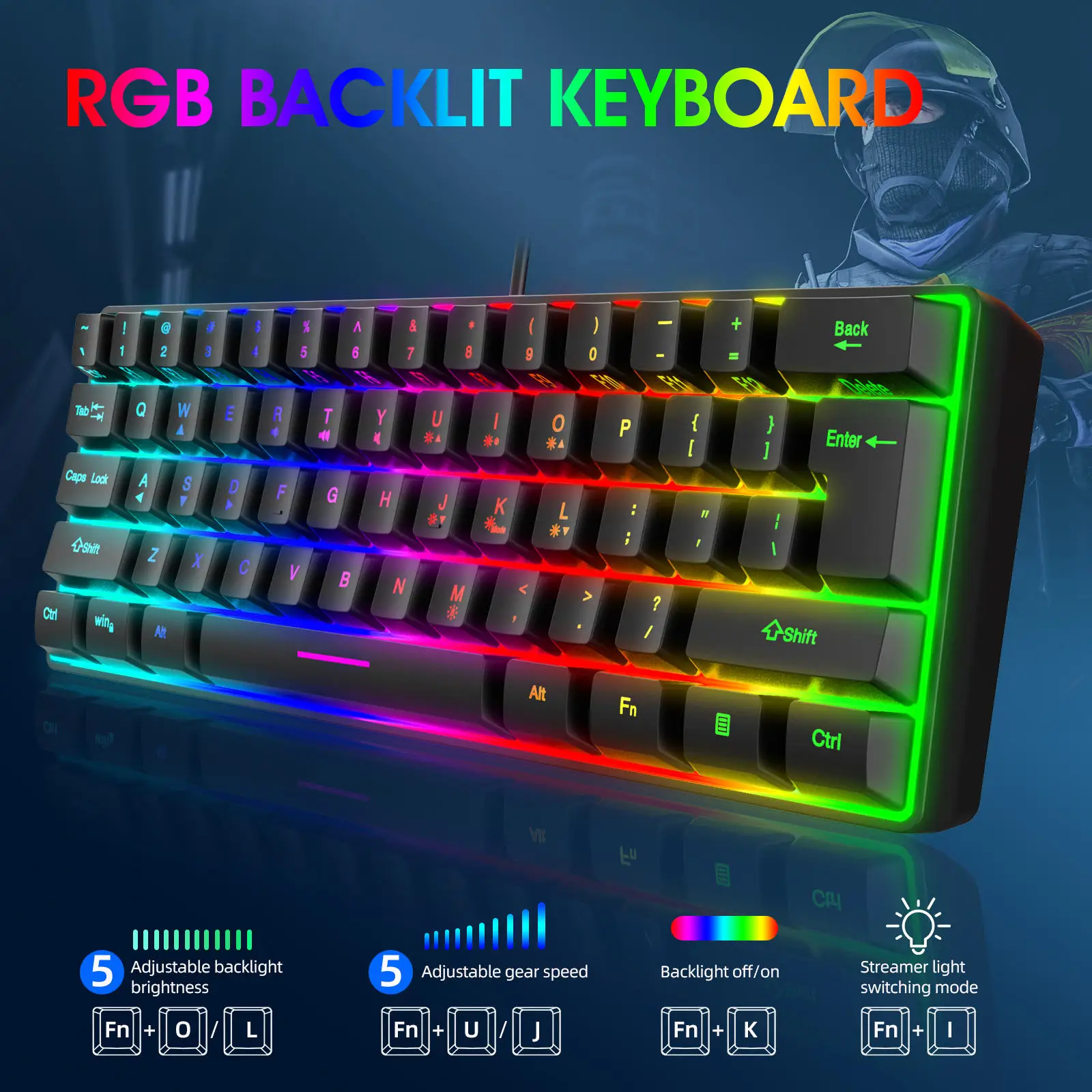 Multiple Color 61 Keys USB Wired RGB 60% Computer Gaming Small 60 Percent Keyboards