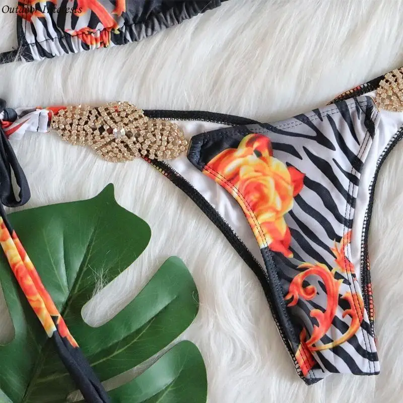 

Sexy 2022 Swimwear Women Biquini Push Up Bandage Rhinestones Set Swimming Bathing Suit Beachwear 400C
