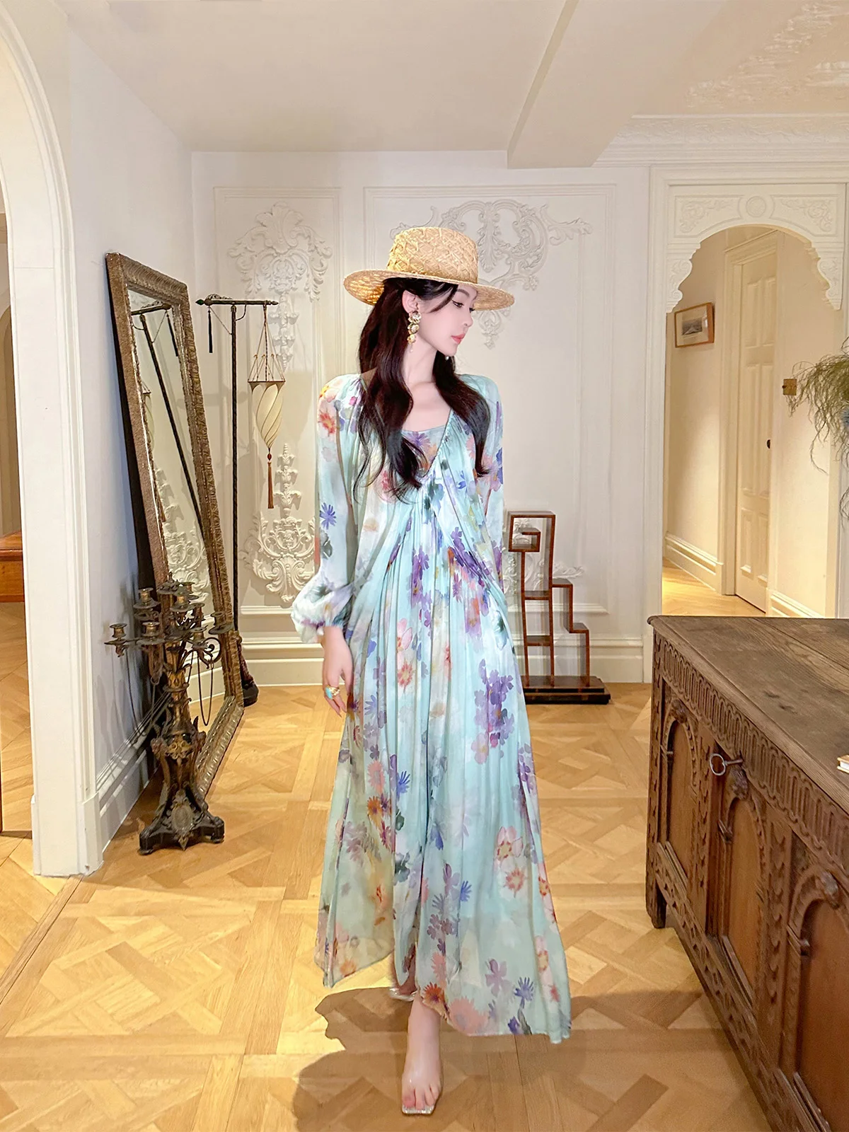 

Soft Dra Silk Loose Dr with oulder Insert Ele Sle Long Sve V-Ne Casual Spring Dr for Women