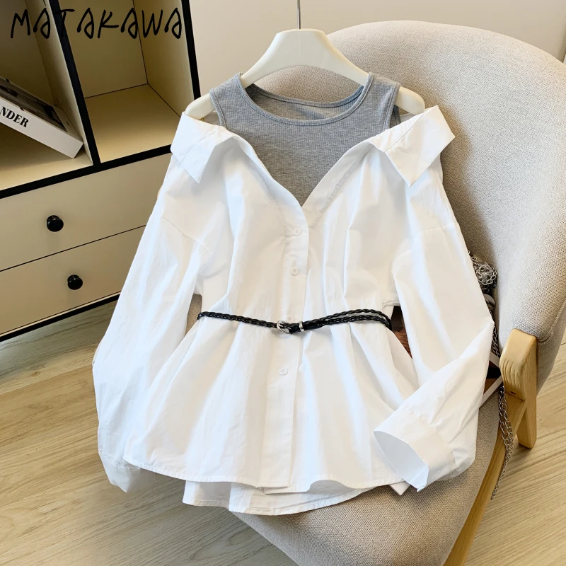 

Matakawa Fake 2 Pieces Shirts&blouses Women Tops Long Sleeve Spring Autumn Blusas Mujer Korean Fashion Chic Elegant Camisas