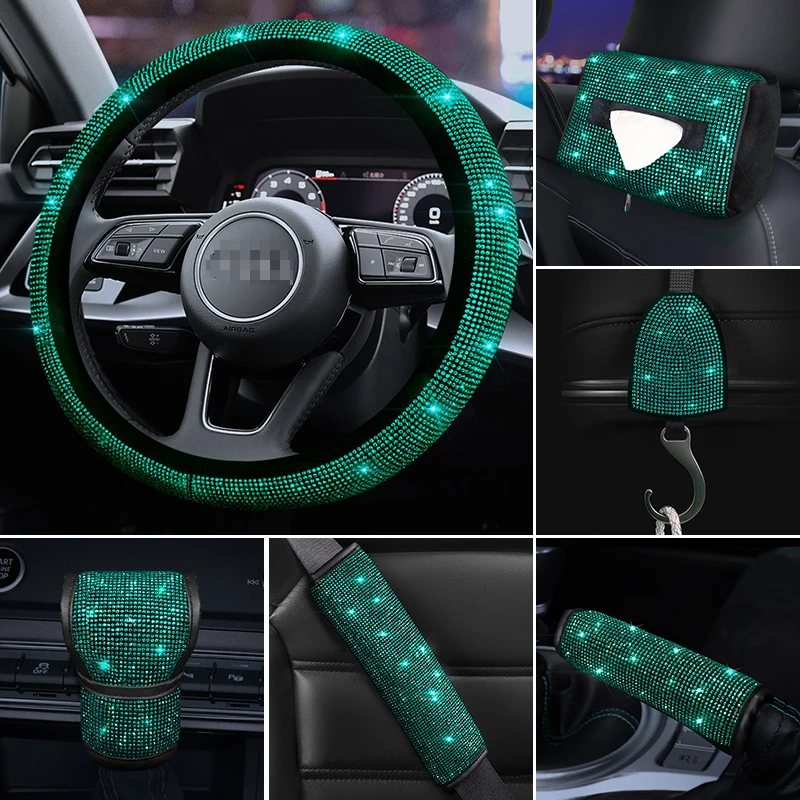 

Green Bling Car Accessories set Auto Steering Wheel Cover Gear Handbrake Cover Handbrake Cover for Women Interior decoration