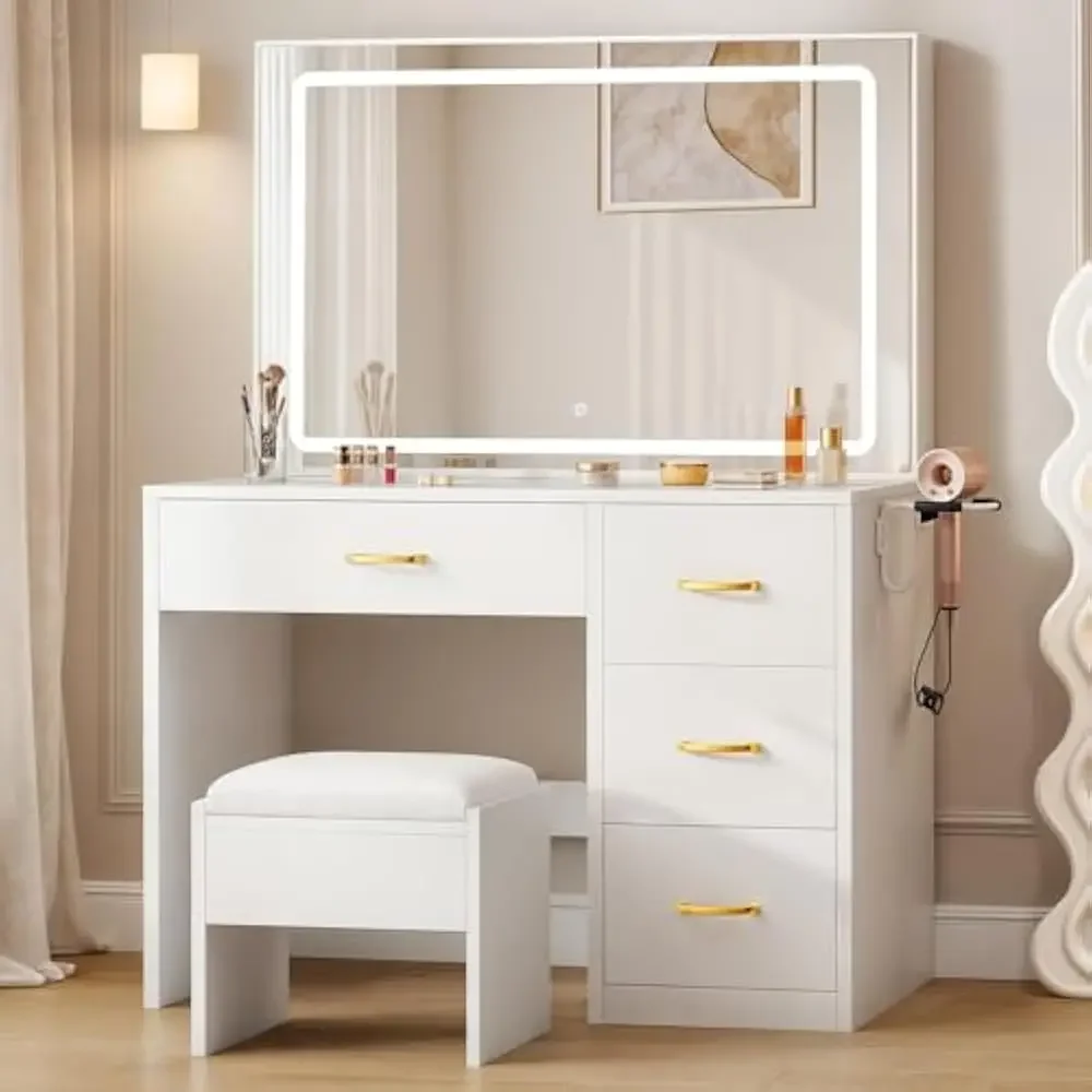 

35" LED Vanity Desk Set, Mirror and Lights, Makeup Table w/4 Drawers & Stool, 2 AC Outlets and 2 USB Ports, Adjustable Lighting