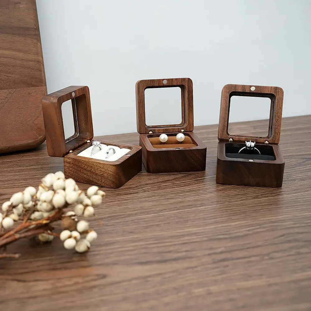 

Wooden Ring Organizer Case Window Open Square Earring Display Box Romantic Handmade Jewelry Storage Box Jewelry Studs Storage