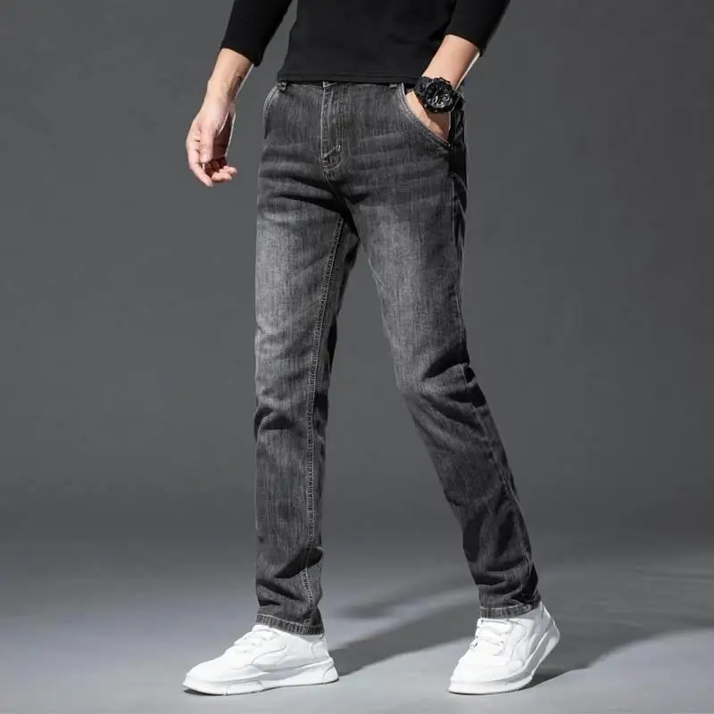 

High-End Men's Straight Leg Jeans American Sle Casual Busin Cotton Stretch Denim Mid-High Waist Zipper Fly Four Seasons