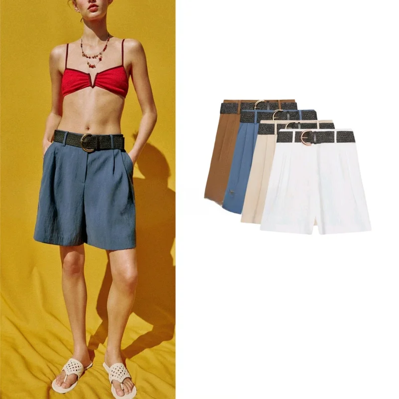 

Summer New Arrival Women's High Waist Zipper Short Pants Belted Casual Style Minimalist Design Polyester Fiber Straight Leg