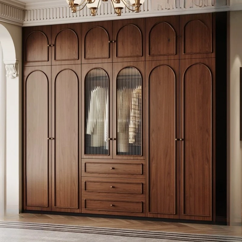 Medieval wardrobe, solid wood home bedroom wardrobe, light luxury glass door wardrobe