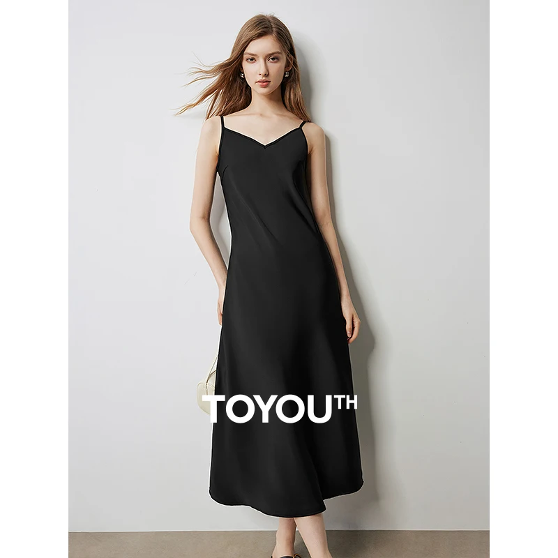 TOYOUTH Women Sleeveless Dress 2024 Autumn New Silk Slim Waist Sexy Luxury Black Dress