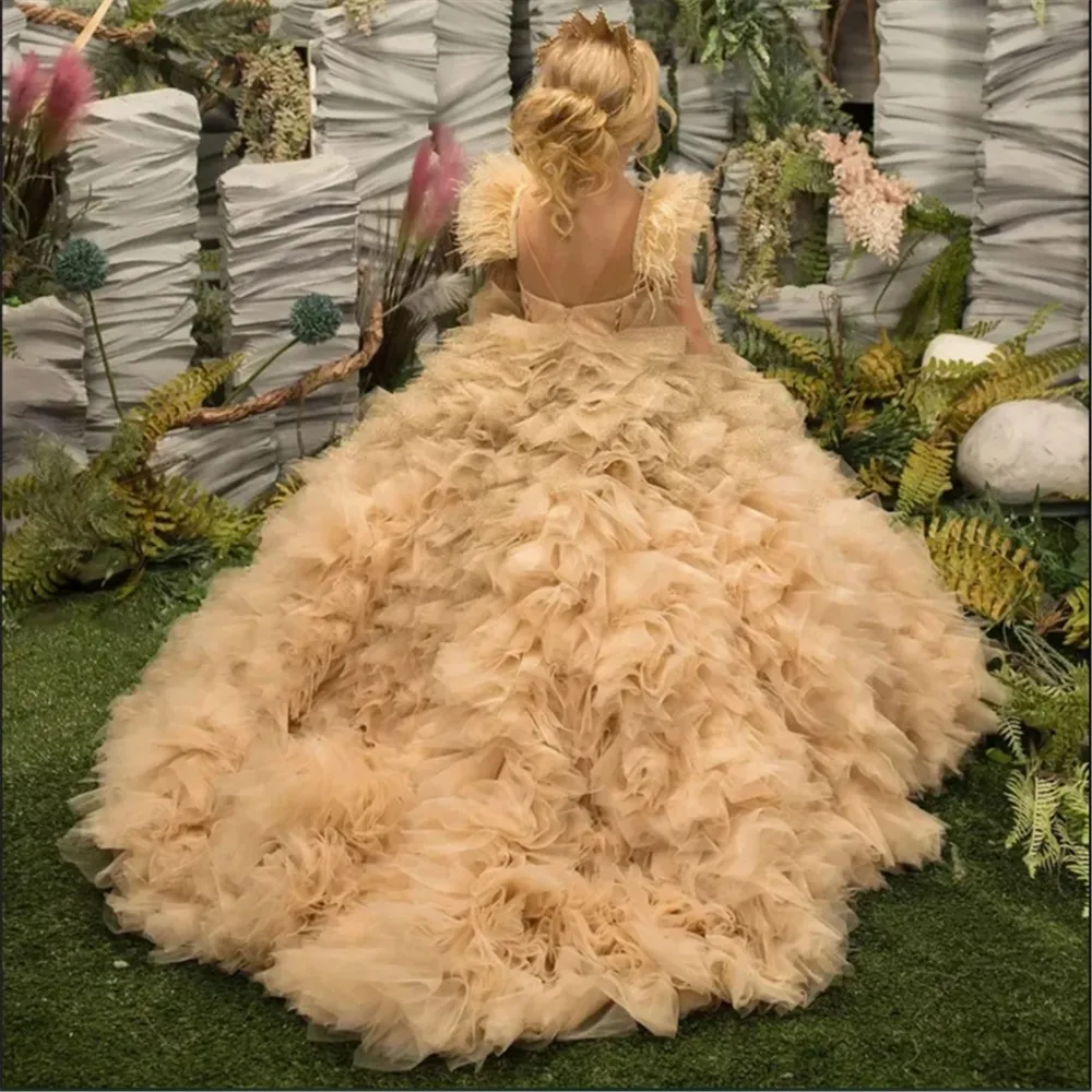 

Exquisite Puffy Flower Girl Dress for Wedding Appliques Sequins Backless Baby Kids Birthday Party First Communion Party Gown