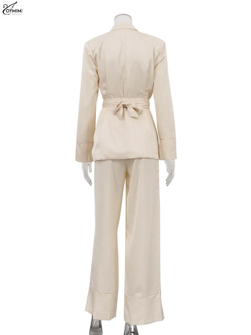 Oymimi Elegant Apricot 2 Piece Sets Women Outfit Fashion Long Sleeve Lace-Up Shirts And High Waist Straight Simple Trousers Sets
