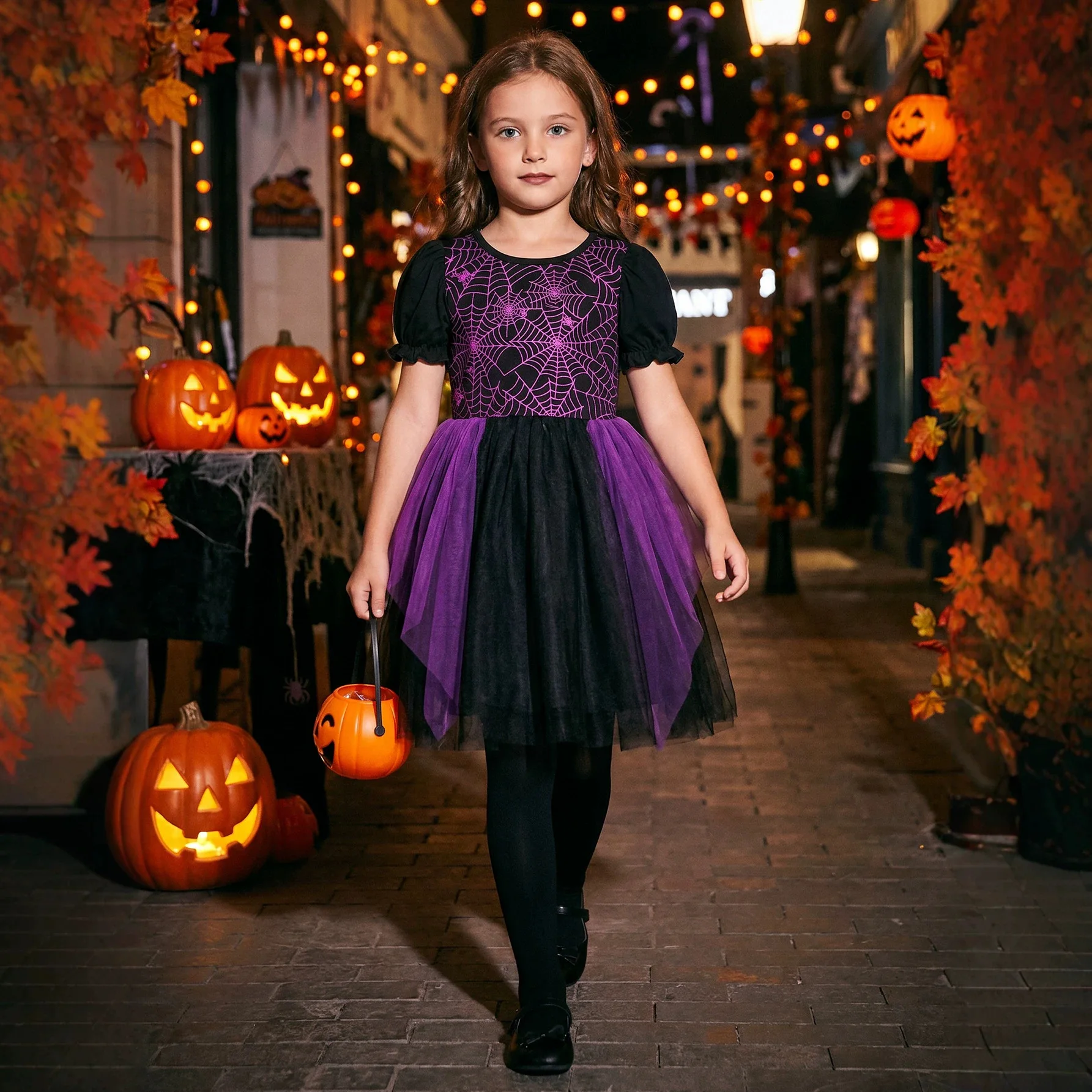 2026 Halloween New Short Sleeved Spider Web Dress for Foreign Creative Dark Party, Wind Mesh, Fluffy Skirt