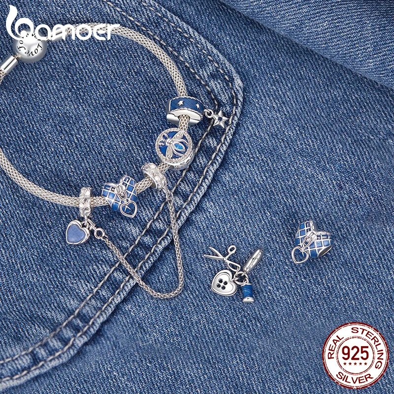 Bamoer Original 925 Sterling Silver Denim Blue Beads Tailor Set Pendant Bee Button Charm Cute For Women  Party Gift Fine Jewelry