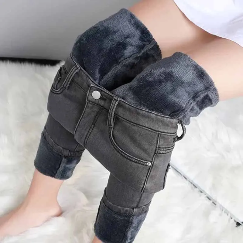 

Winter Warm Women's Jeans Fashion Slim Thicken Fleece Pants High Waist Elastic Skinny Velvet Plus Length Female Jeans 2024