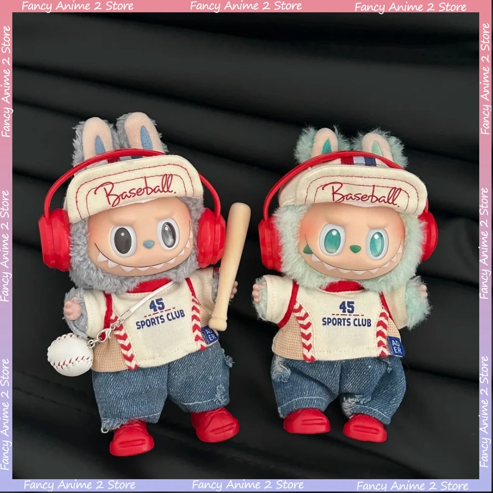 Honkbal Sport Uniform Cap Hoofdtelefoon Bal Bat Schoenen Kleding Set voor V1 V2 V3 Labubu Mini Pluche Pop Kleding Mode Accessoires