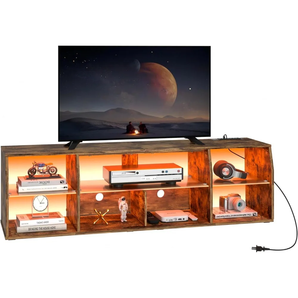 

LED Gaming TV Stand with Power Outlets Television Cabinet with 7 Open Storage Shelves, Industrial Entertainment Center