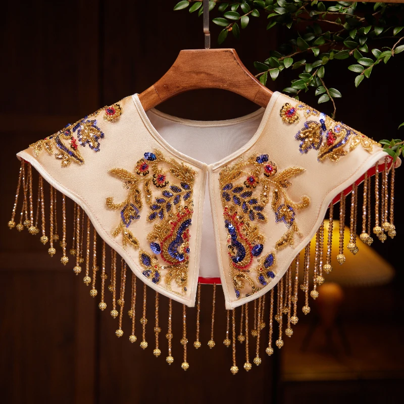 Women's Spring Autumn Vintage Beaded Embrodiery Gold Tassel Pashmina Female Winter Shawl Cloak Collar R736