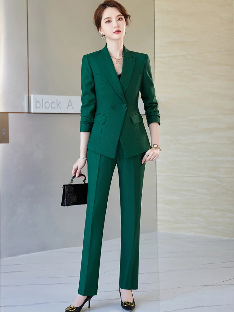 Women Formal 2 Piece Blazer Set Elegant Black Green Purple Blue Long Sleeve Blazer+ Pant Suit Ladies Fashion Business Work Wear