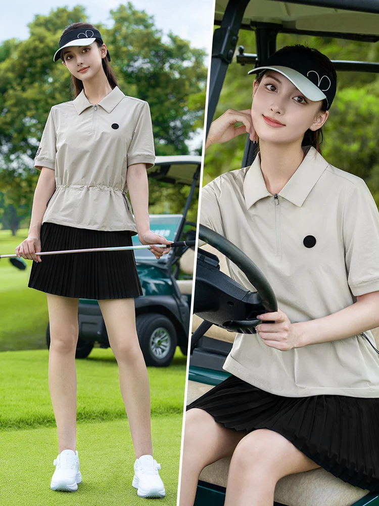 PGM Golf Women Quick-dry Zipper Polo Shirt Slim Short Sleeve Top Breathable Clothing Lady Leisure Pleated Golf Skirt with Short