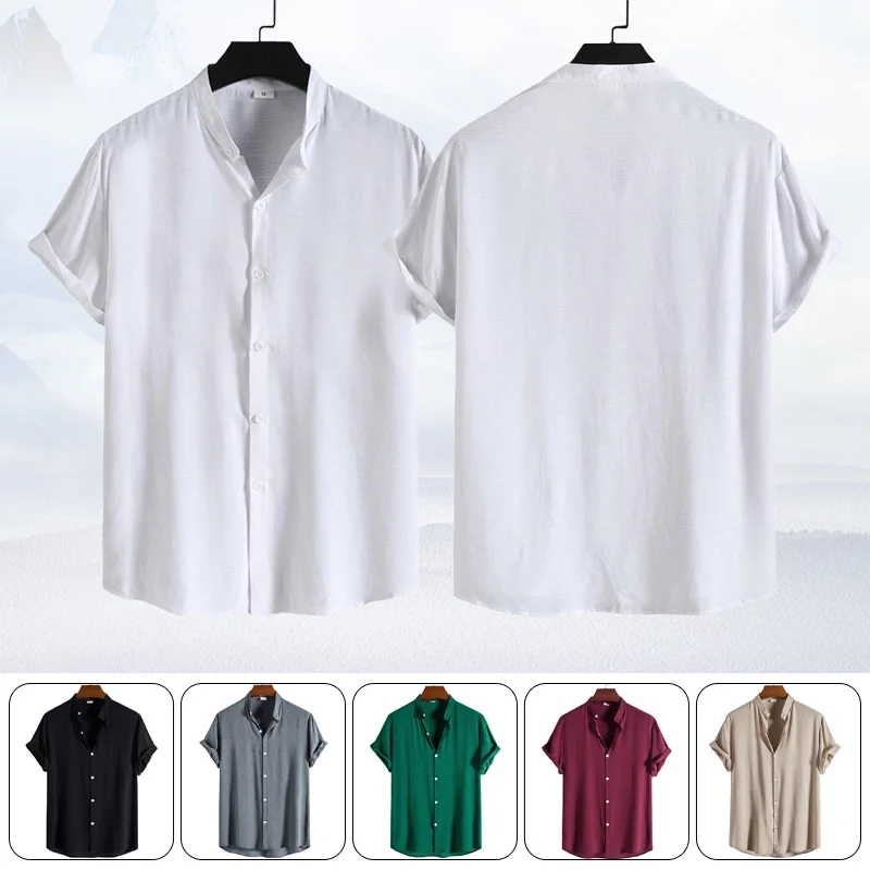 

Men's Short Sleeve Shirt Summer Beach Loose Casual Collarless Tops Blouse Casual Beach Style Hawaii Short Sleeve Shirts