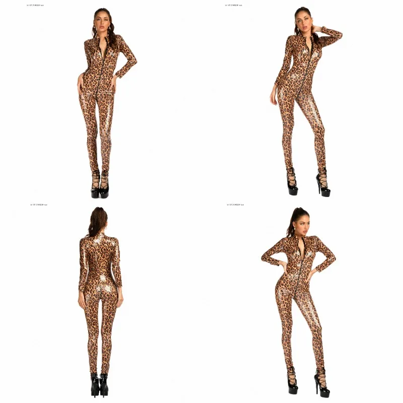 Sexy Zipper Women Leopard Print Jumpsuit Bodysuit Music Festival Cosplay Hoilday Party Club Stage Performance Costume