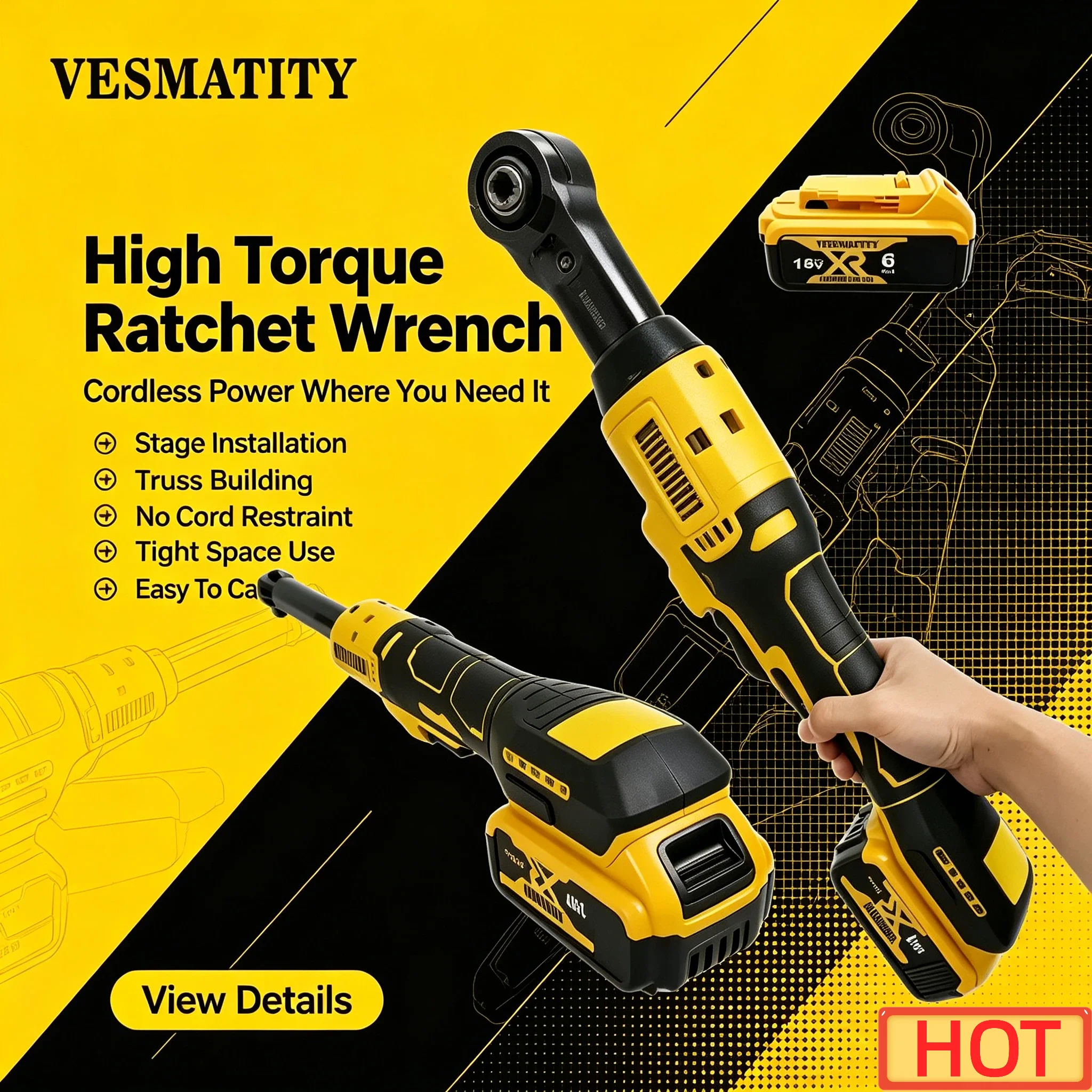 Vesmatity 1/2 Inch Atomic Brushless Ratchet Wrench Compact Variable Speed Cordless Tool 18V Battery Max Pro