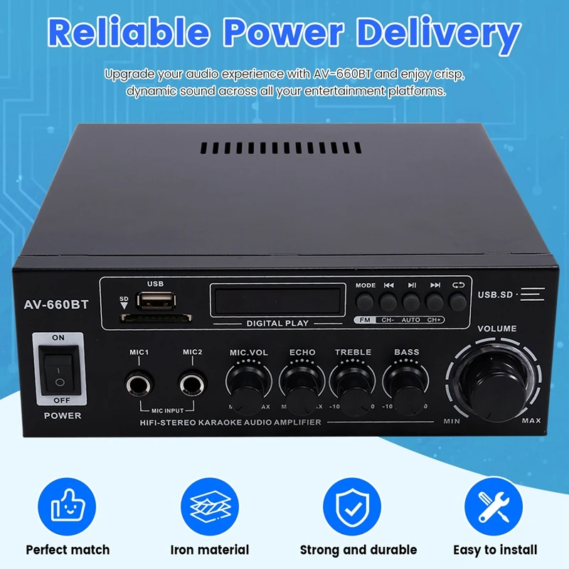 AV-660BT Bluetooth Sound Amplifier - Power Amplifier Support Bluetooth, FM Radio, USB, SD Card & Dual Mic Inputs