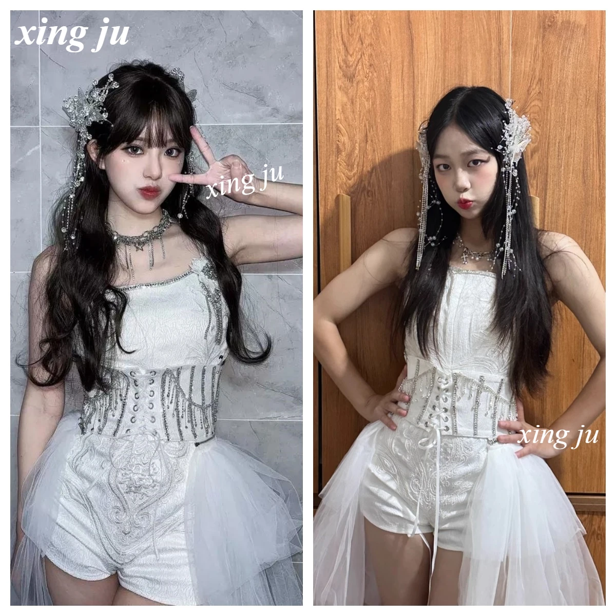 

Korean Singer White Tight Sling Jumpsuits Jazz Dance Performance Costumes Nightclub DJ Sexy Mesh Skirt Women Kpop Stage Outfits