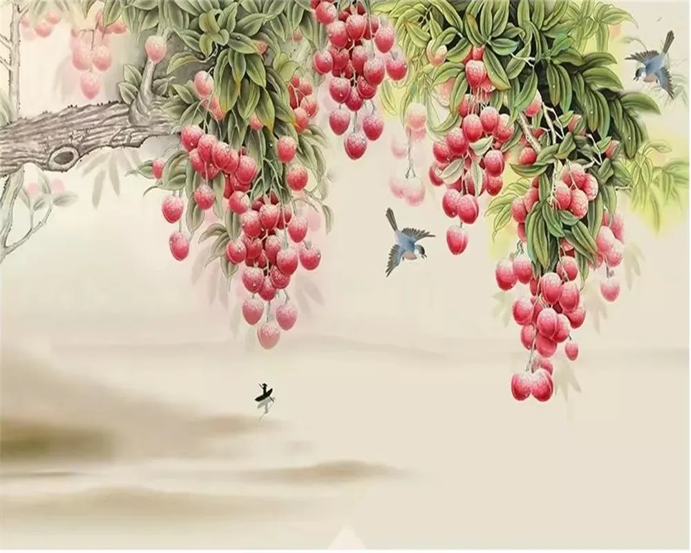 Customized size wallpaper hand-painted fruit grape mural home decoration persimmon pomegranate peach branch painting wallpaper