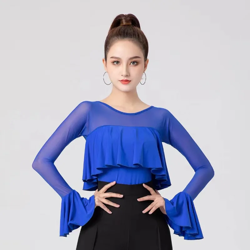 

Adult Latin Dance Top Women's Autumn/Winter Long Sleeve Ruffled Bodysuit Waltz Tango Modern Dance Performance Flare Sleeve Tops