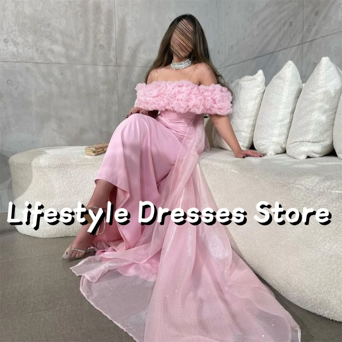 

Pink Flower Off Shoulder Prom Dresses Long Cape Modern Evening Dresses Party Gown vestidos para eventos especiales