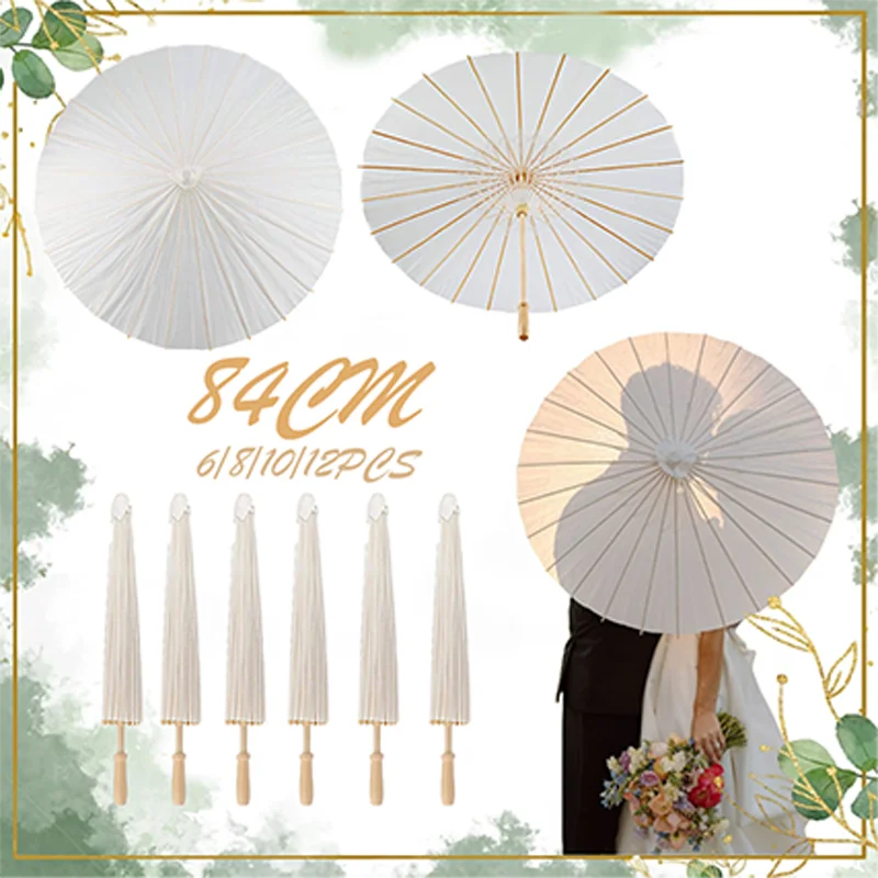 

6/8/10/12PCS 84cm Paper Umbrellas for Weddings Wooden Parasol Umbrella for Sun DIY Parasols Bridal Party Decor (White/Pink/Blue)