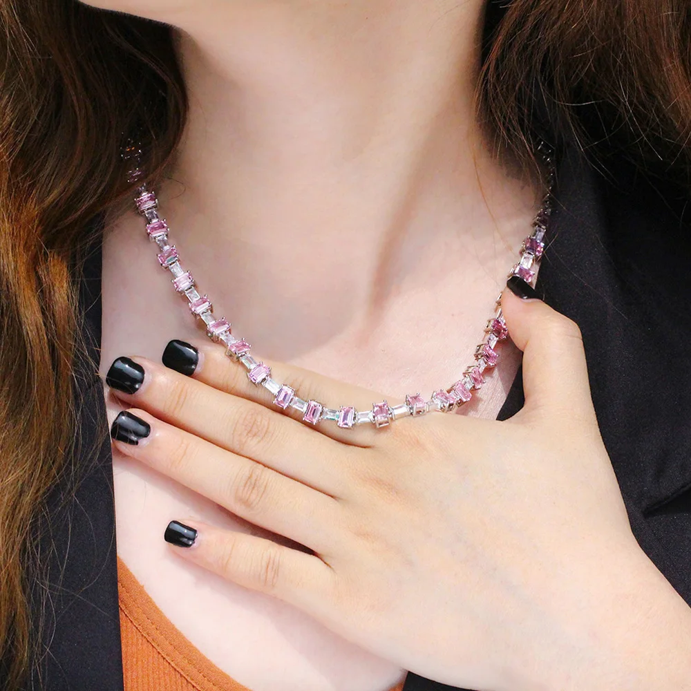 

Pera Fascinated Pink Cubic Zirconia Rectangle Chain Link Women Round Choker Necklaces Fashion Prom Party Jewelry for Female P033
