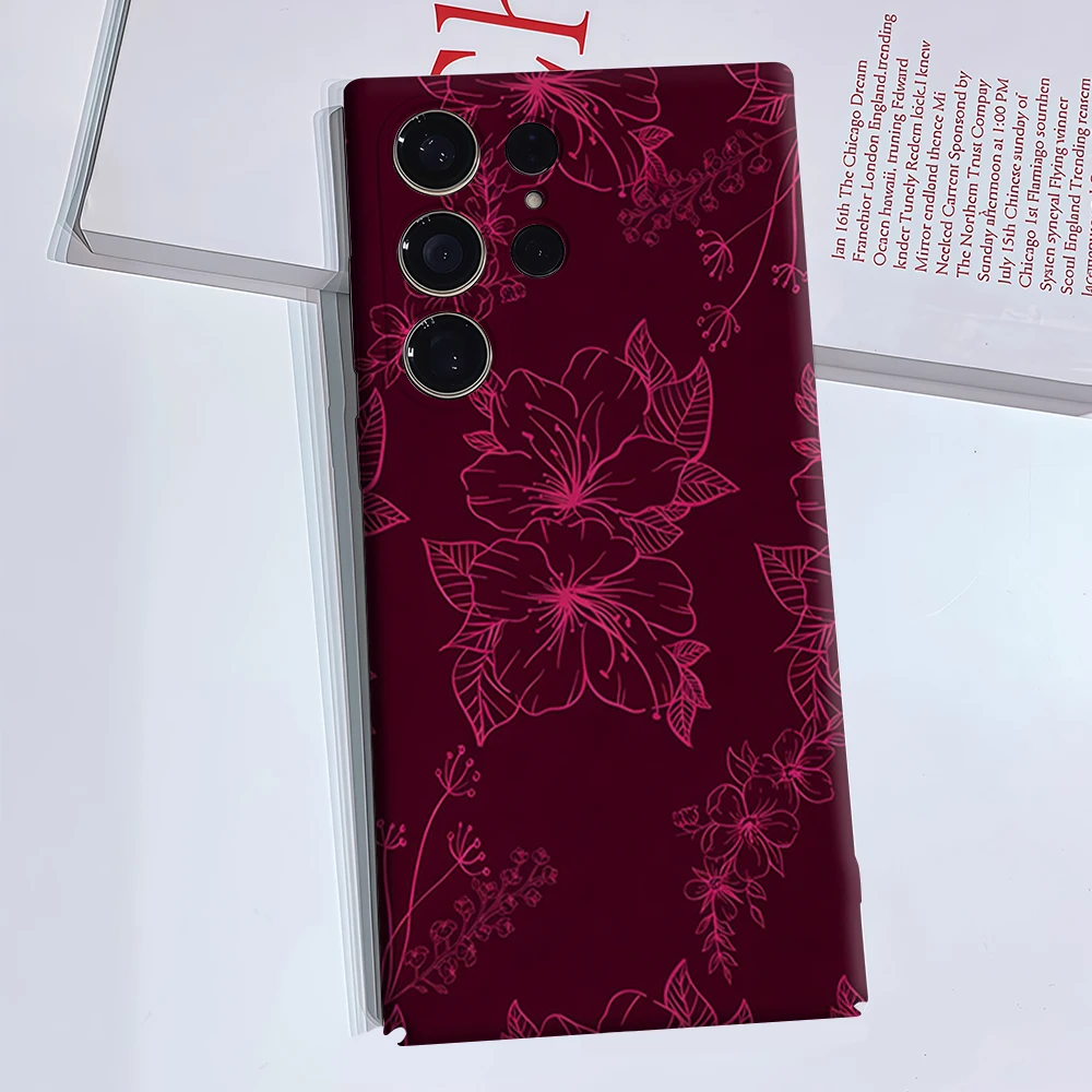 Dark Red Floral Line Art Phone Case for Samsung Galaxy S26 S25 Ultra S24 S23 Ultra Plus Glossy Double-layer Back Cover