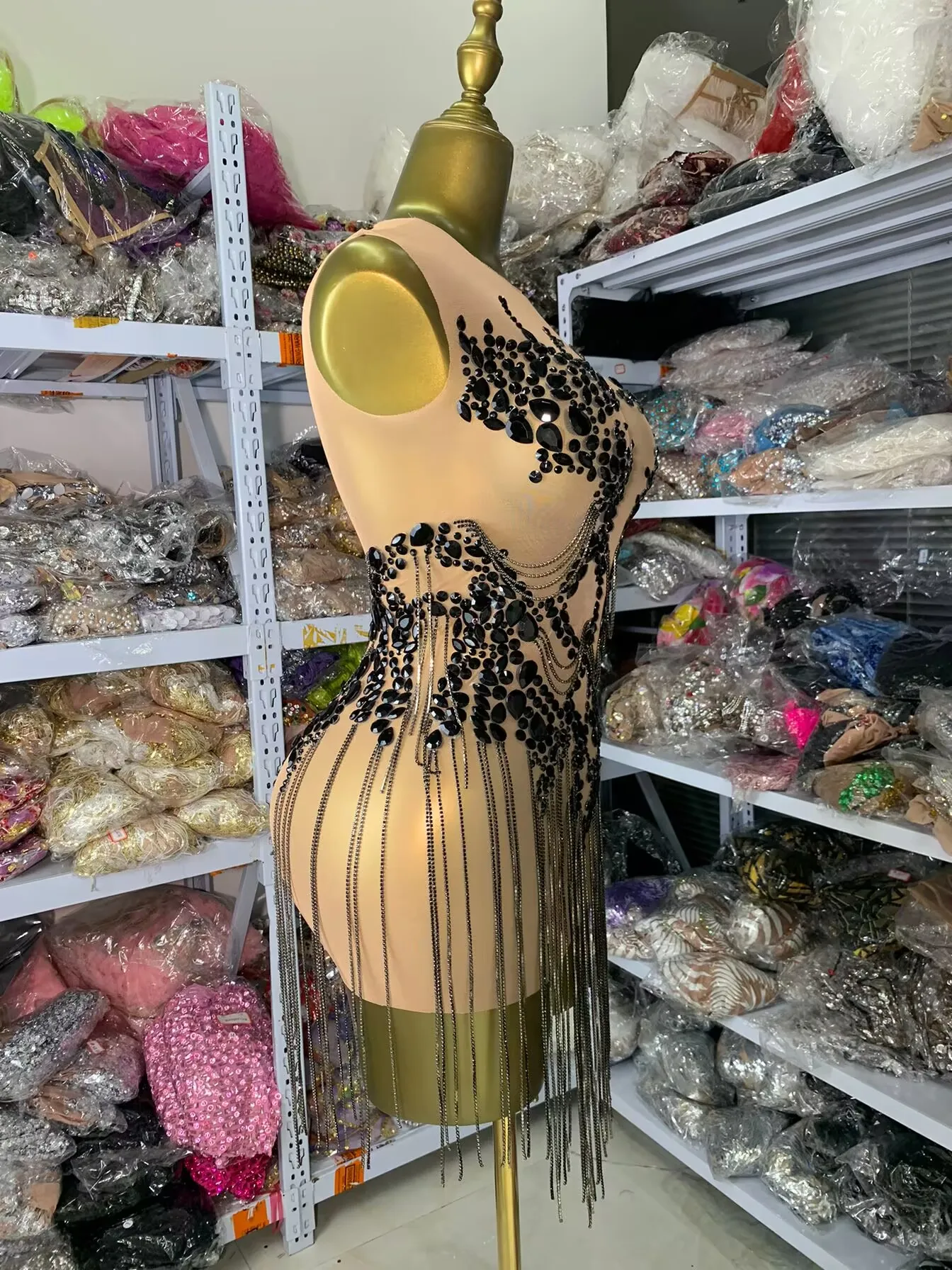 Donne di lusso estate nero strass nappa maglia aderente mini abito corto sexy showgirl night club party costumi di scena