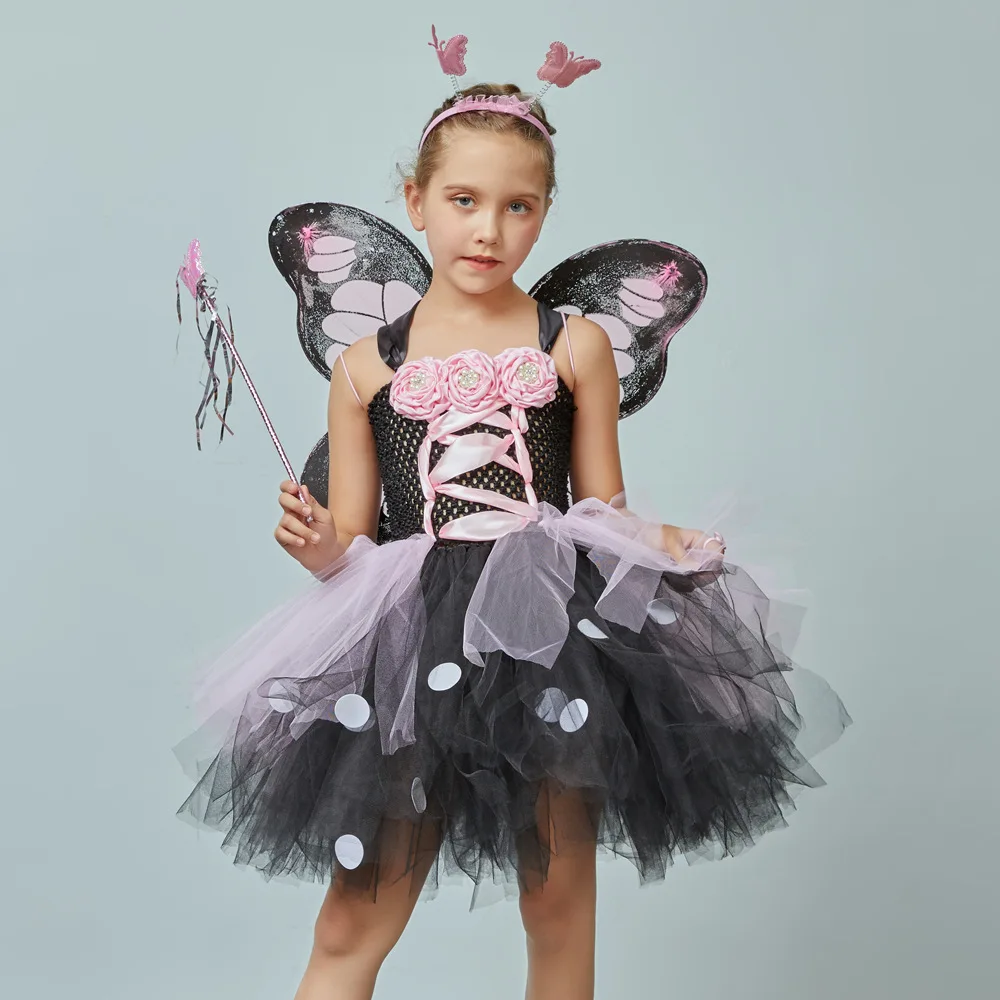 Halloween Kids Butterfly Floral Tutu Dress Package Girls Soft Mesh with Wings Children Pageant Attire Little Girls Stage Outfit