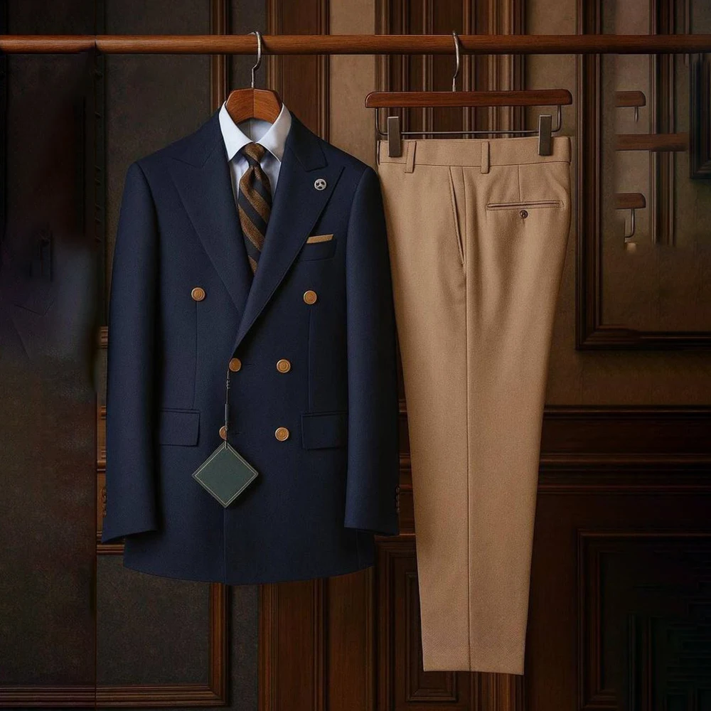 

Luxury Men's Suits Fashion Double Breasted Peak Lapel Slim Fit 2 Piece Jacket Pants Customized Smart Casual Male Clothing Terno