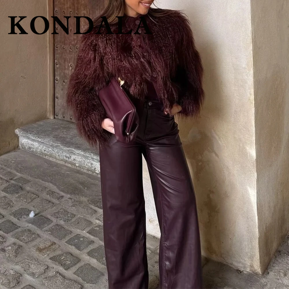 KONDALA Chic Fashion 2025 Autumn Elegant Women Coat Single Breasted Knit Burgundy Jacket Casual Faux Fur Female Tassel Outerwear