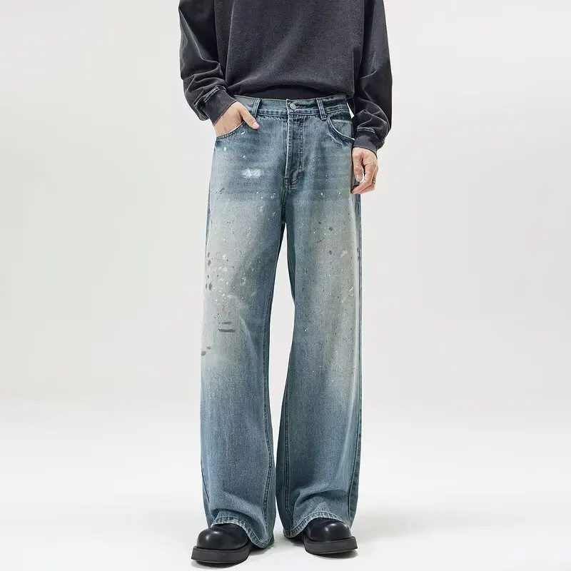 

High Street Jeans Men's Loose Wide-Legged Washed Old Casual Pants Mens Jeans for Man Clothes Shorts Rhinestones 2000 Y2k Clothes