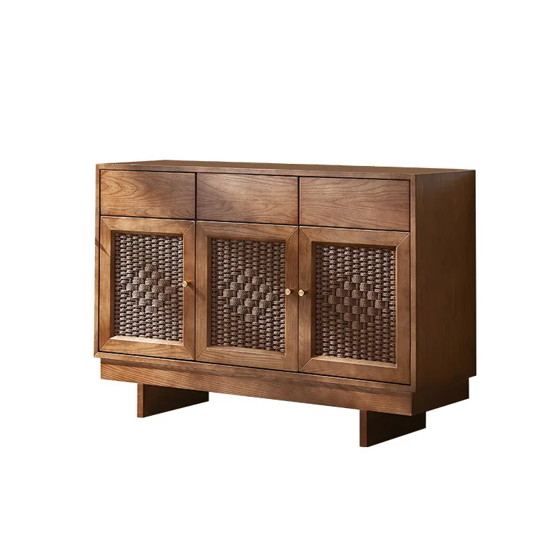 Rattan solid wood storage side cabinet log wind storage living room storage chest cabinet