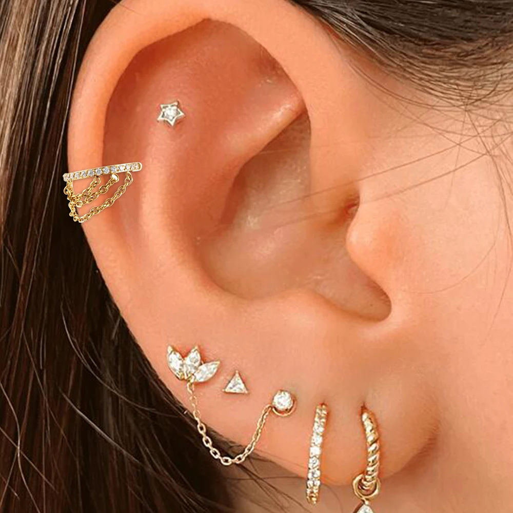 Right Grand ASTM F136 Titanium CZ Hinged Clicker Segment with Triple Chain Cartilage Earring Hoop 8-12mm Helix Conch Piercing