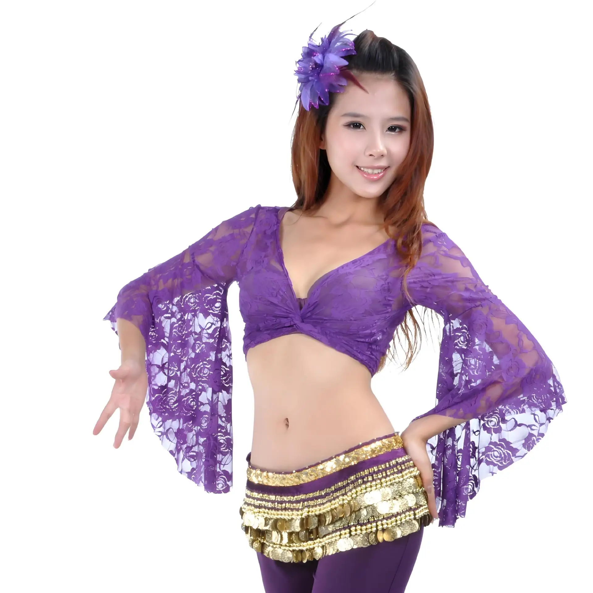 1-pcs-lote-mulher-moda-rendas-danca-do-ventre-topo-senhora-solida-borboleta-trompete-manga-danca-topo