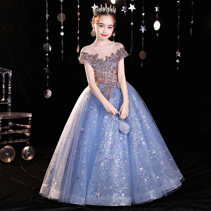 Elegant Party Evening Wedding Dress for Girls Flower Ball Gown Birthday Princess Banquet Summer Blue Kids Sequins Long Dress