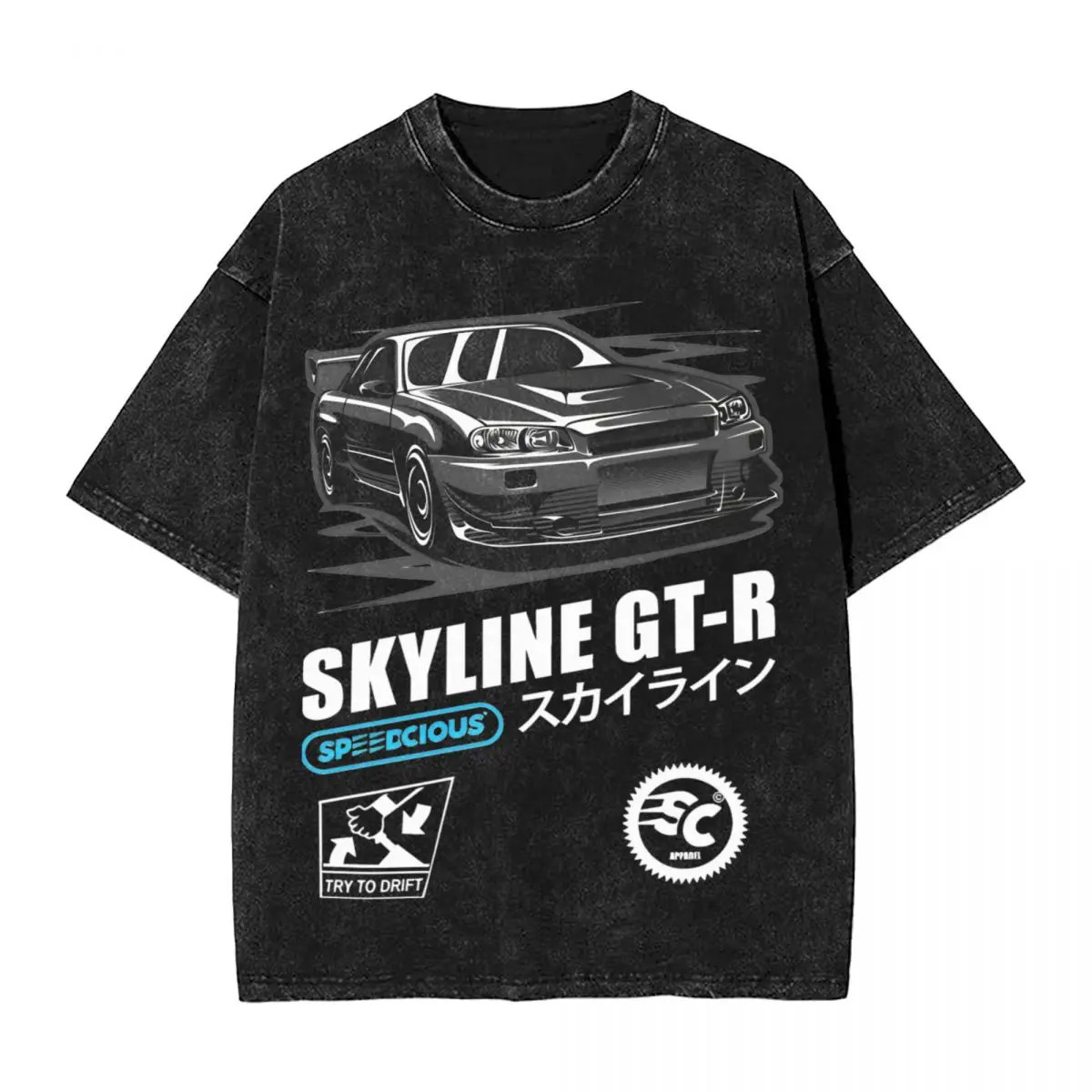 Gtr Skyline Initial D Washed T Shirt Streetwear Hip Hop Vintage T-Shirt R34 Tees Men Women Short Sleeve Harajuku Graphic