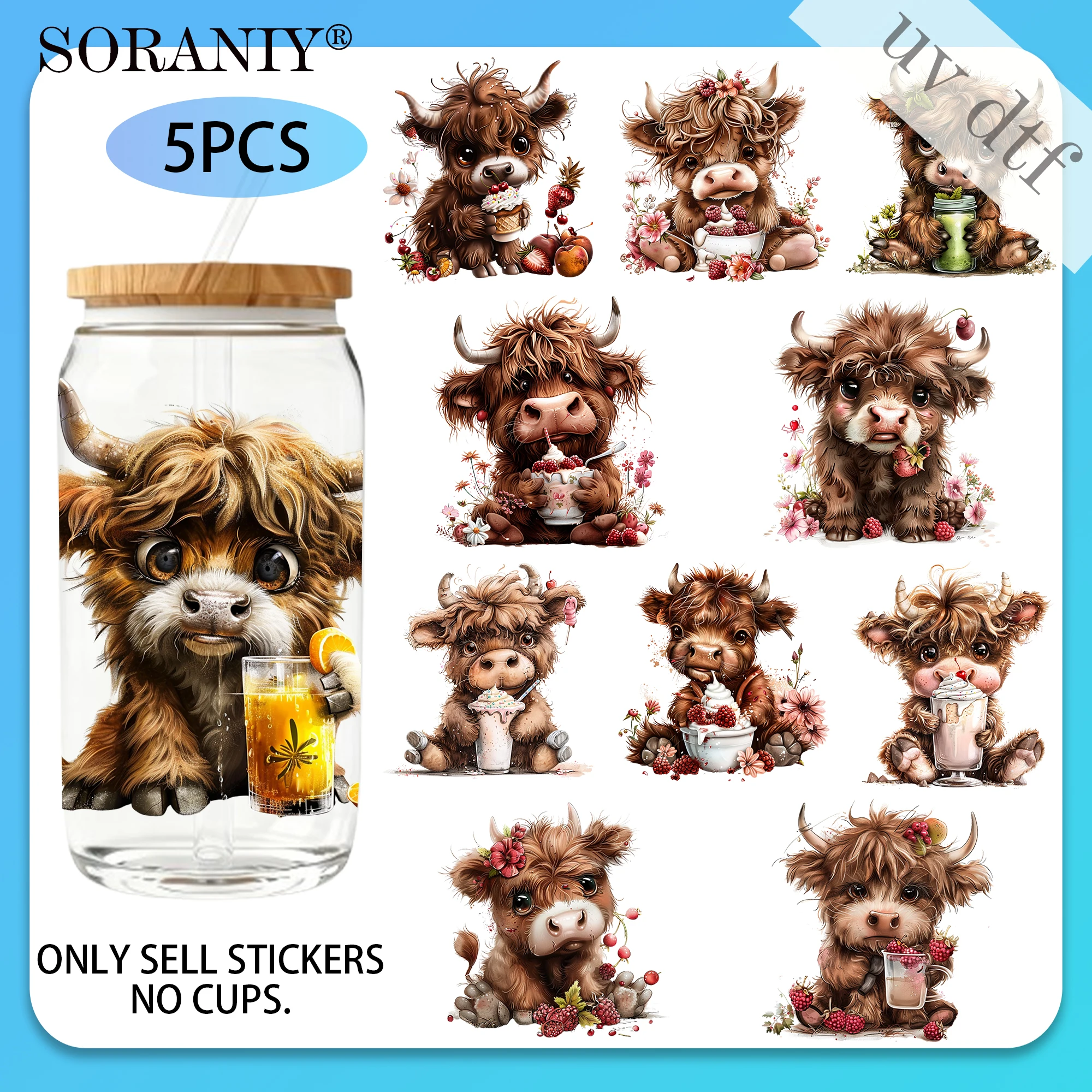 5PCS/Set Highland Cow Themed UV DTF DIY 16OZ Transfer Stickers Water Bottles Glass Bottles