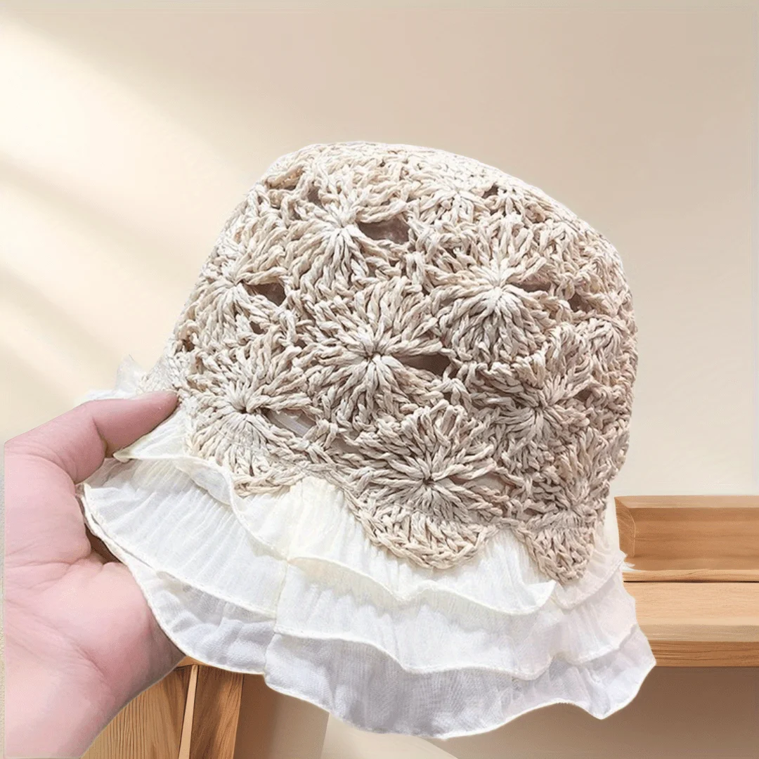 Lace Edge Fisherman Hat Hollow Design Breathable Straw Sun Hat for Women Outdoor Travel Cycling Fashion Headwear